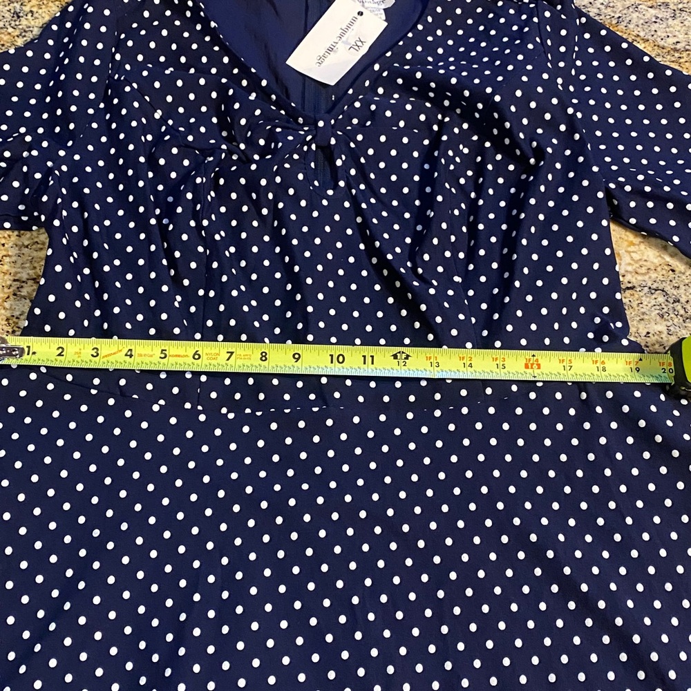 Unique Vintage Navy & White Polka Dot Long Sleeve Fit-and-Flare Dress - Picture 9 of 13